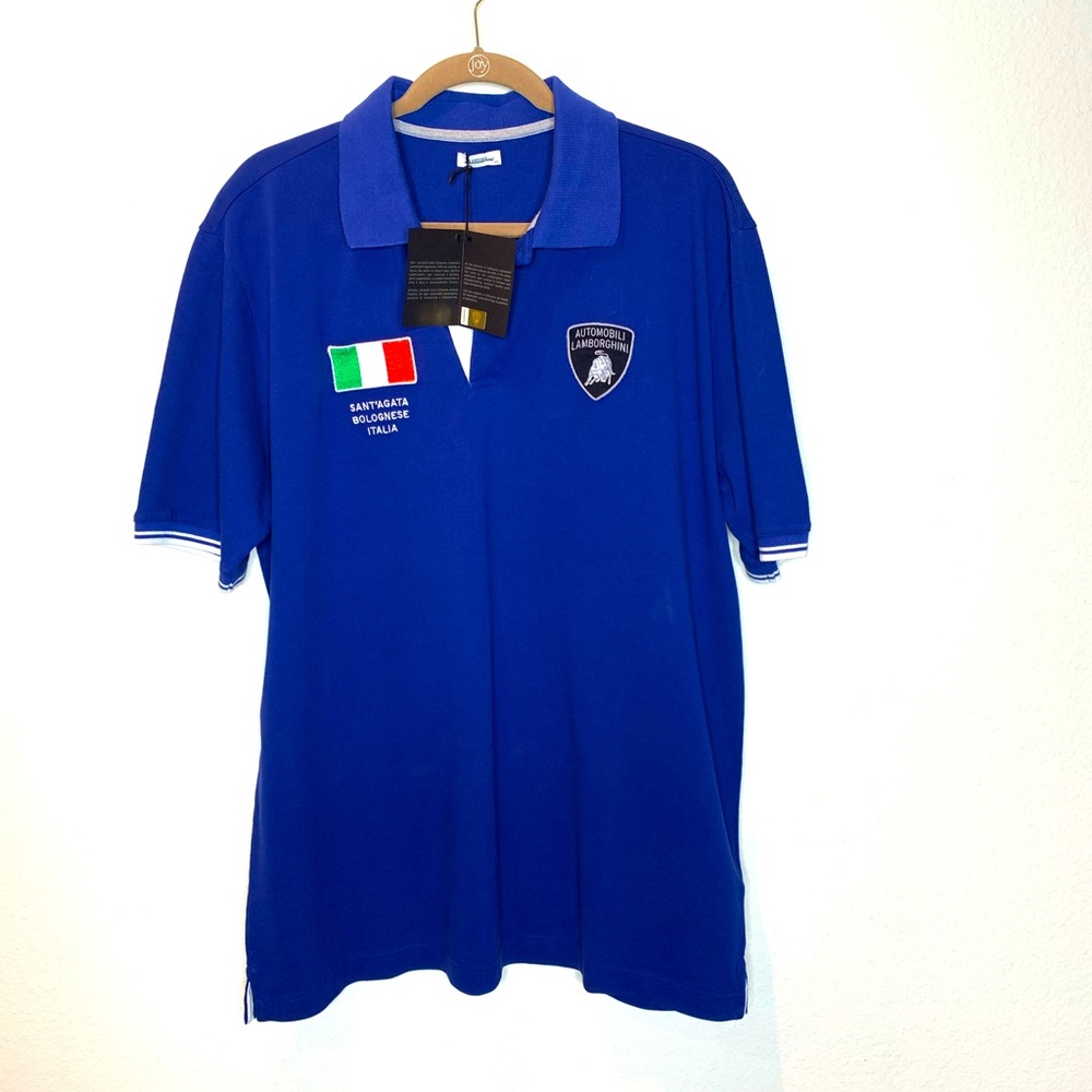 Automobili Lamborghini Cobalt Blue Italian Flag Ss Polo Shirt pearl buttons